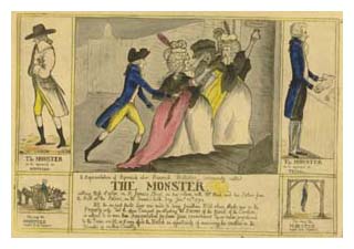 The Monster, from Sarah Banks' scrapbook, showing a villain terrorizing females in large dresses. Image © The British Library